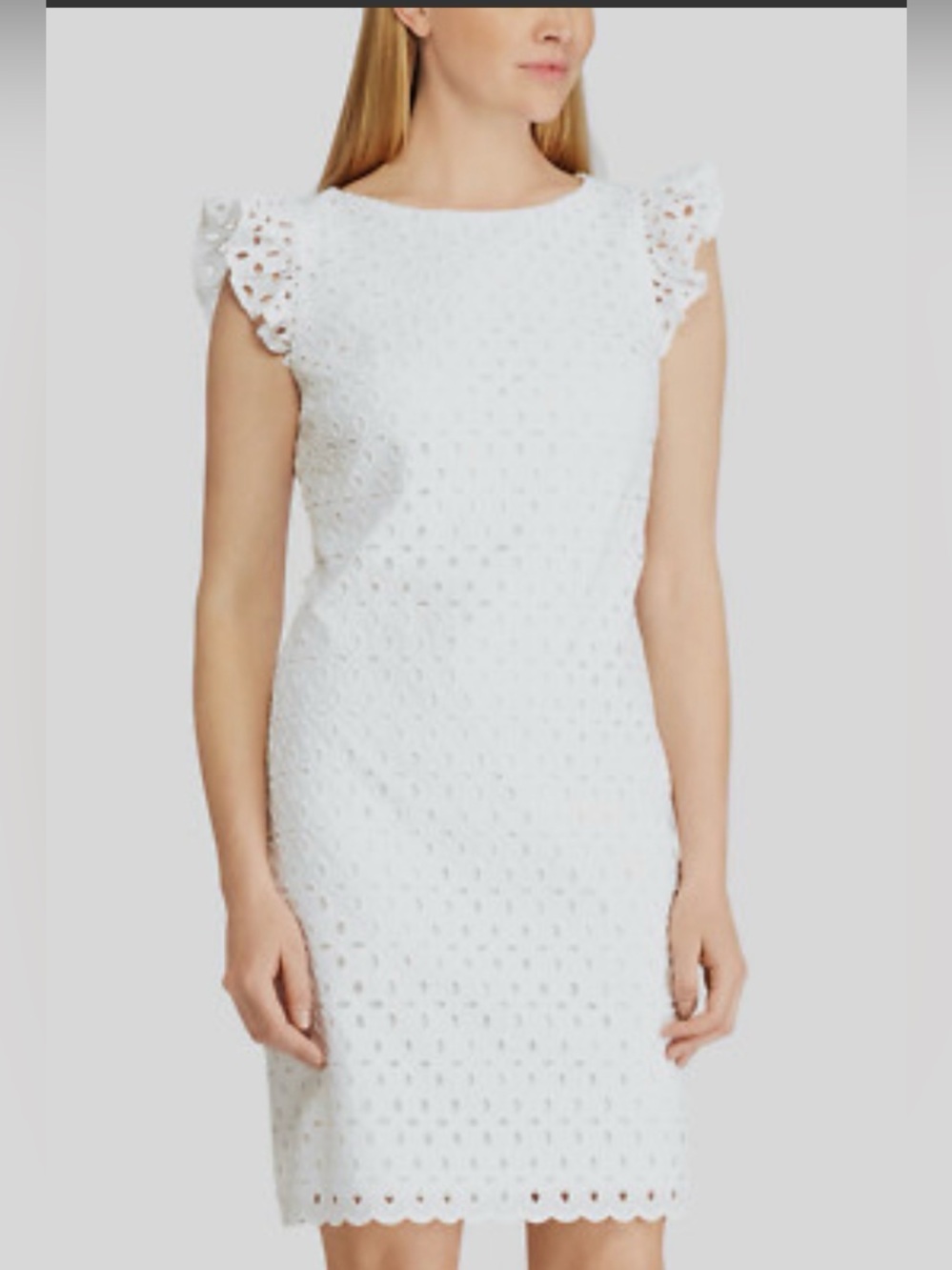 Sharagano White Eyelet Lace Dress Stretchy Ruffle Trim Lined